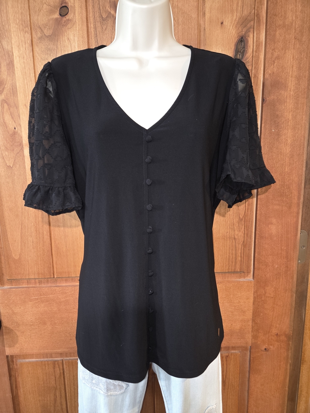 Anne Klein Black V-Neck Button Front Blouse with Lace Puff Sleeves